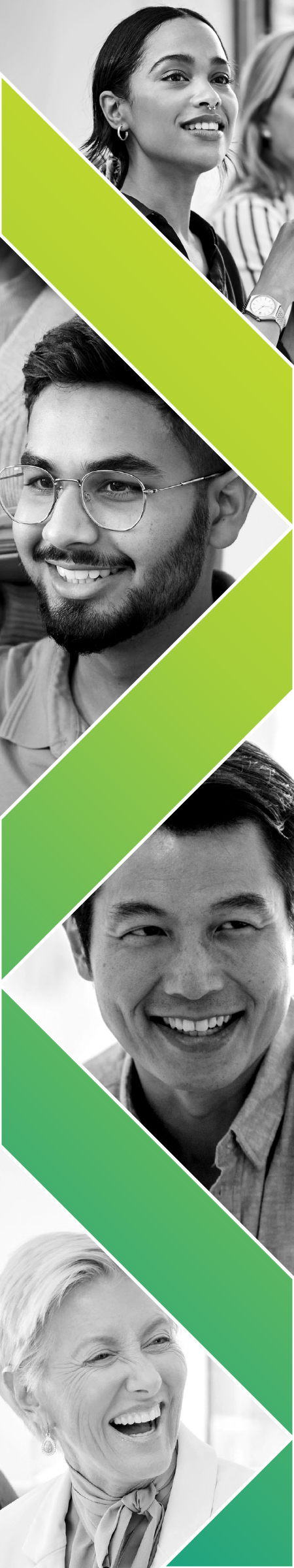 A vertical image format with faces of men and women