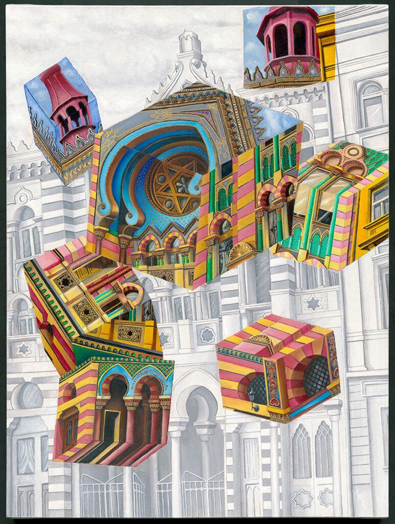 Un tableau surréaliste coloré représentant une synagogue parmi des boîtes géométriques flottantes.