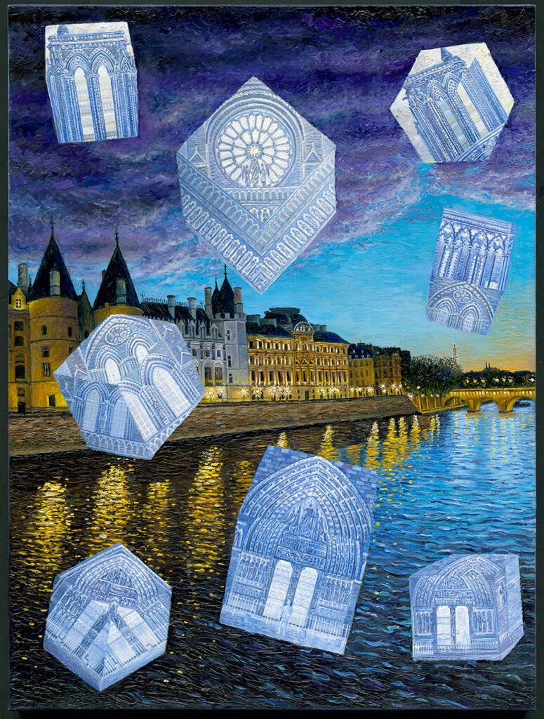 Un tableau surréaliste de la cathédrale Notre-Dame au bord d’une rivière la nuit, avec des boîtes translucides flottant au-dessus.