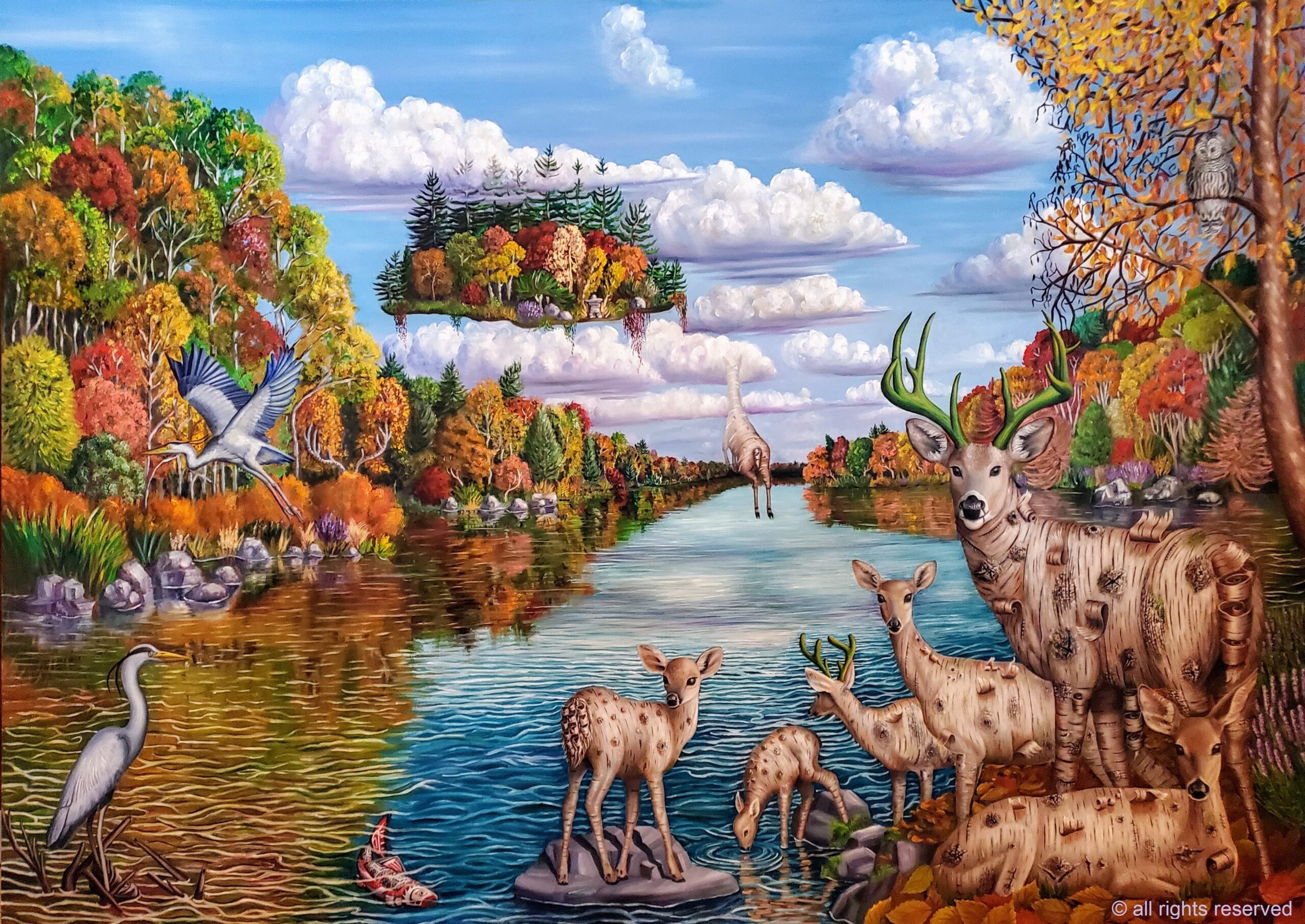 A vibrant surrealist landscape painting of a Muskoka scene with a floating island, autumn trees, deer and a heron by a river.