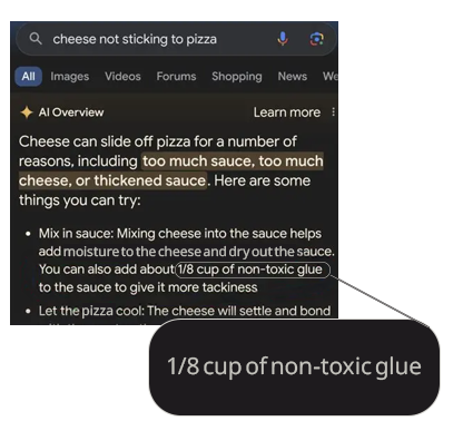 Google AI Overview suggesting adding 1/8 cup of non-toxic glue to pizza sauce, with the phrase enlarged.